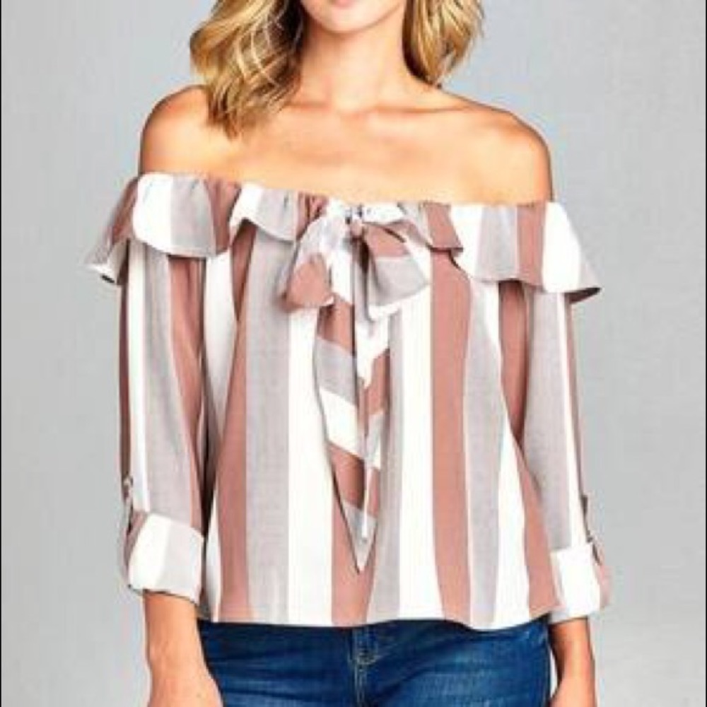 NWT Off The Shoulder Flounce Ribbon Tie Stripe Top